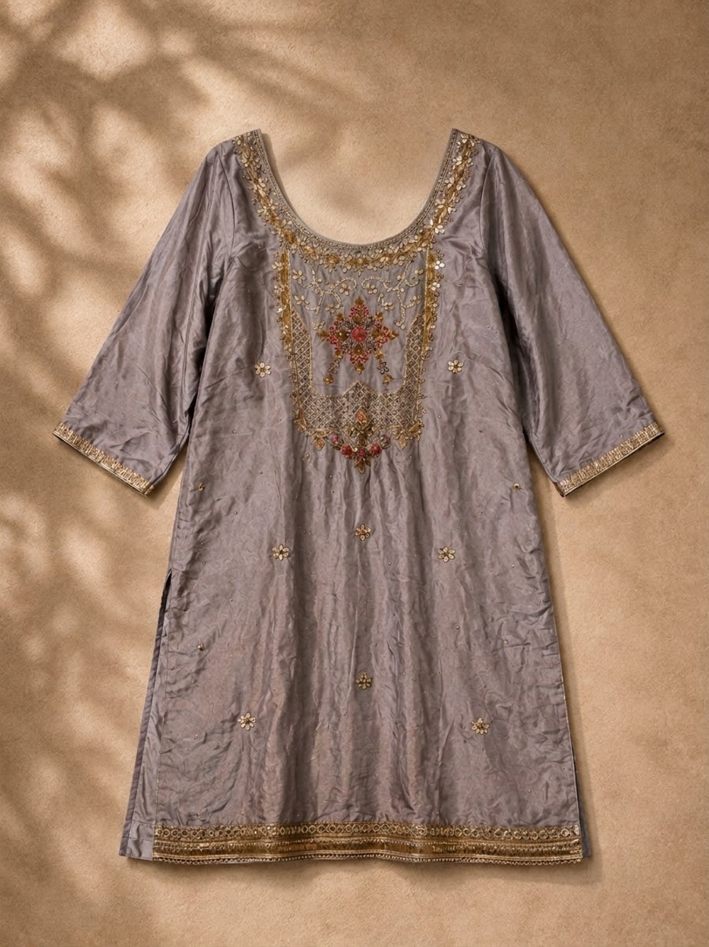 Lavender Gold Embroidered Beaded Tunic Dress